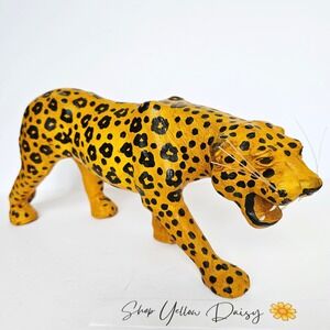 Vintage Leather Wrapped Paper Mache Leopard Big Cat Figure Statue 20"x9" - 1286